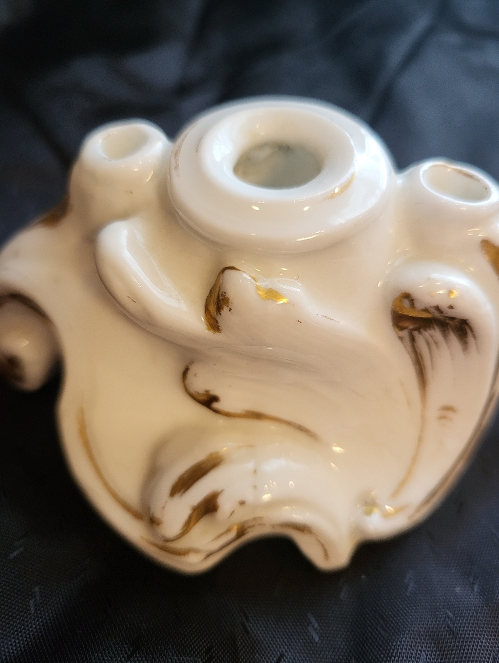 Antique French Porcelain 1.5 x 4 Inch Inkwell With Gold Trim